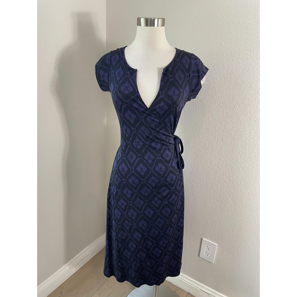 Banana Republic Dress Womens Petite Small Blue Geometric Wrap Belted Silk Jersey
